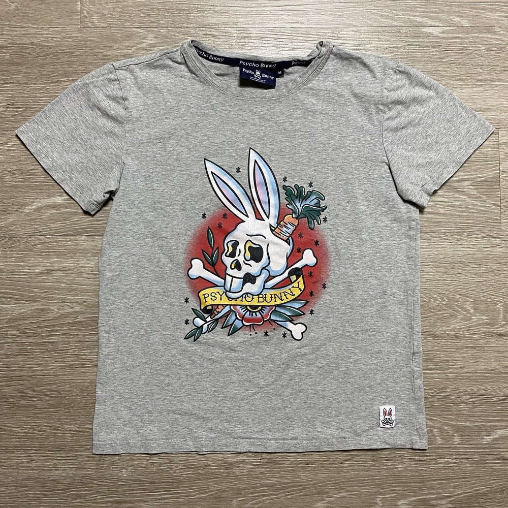 Psycho Bunny Women's M Gray Tattoo Skull Bunny Graphic Tee American Traditional